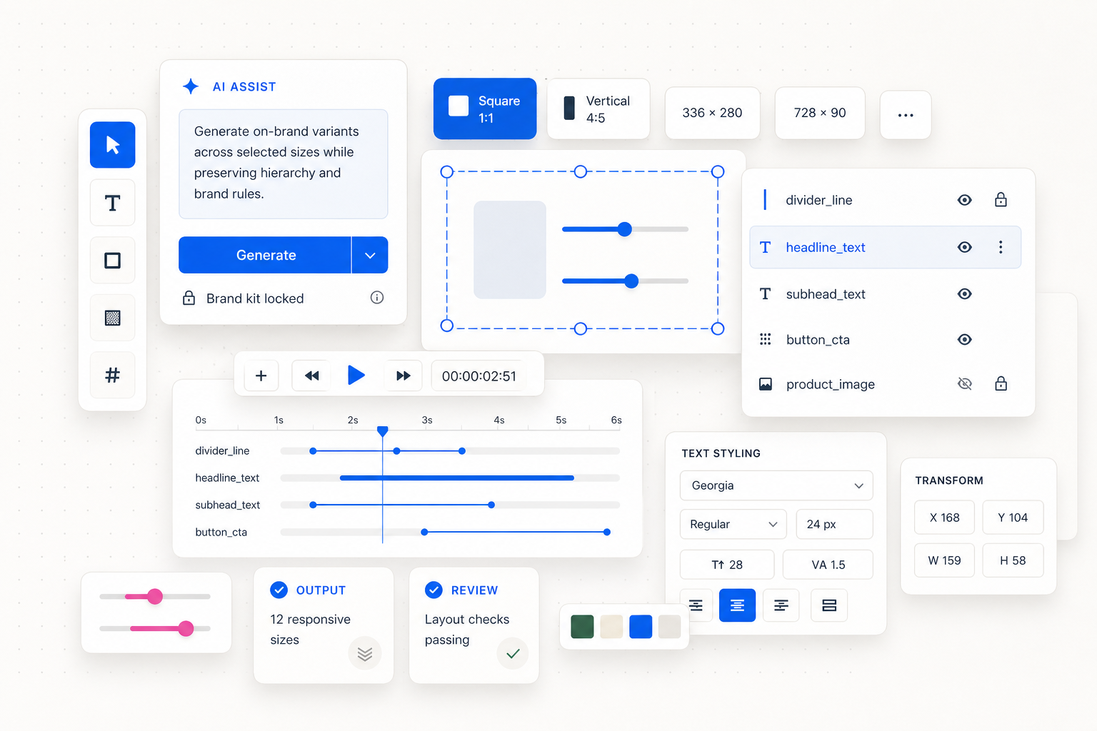 AI Creative Production Platform mood board showing AI assist controls, layer tools, design widgets, and timeline controls.