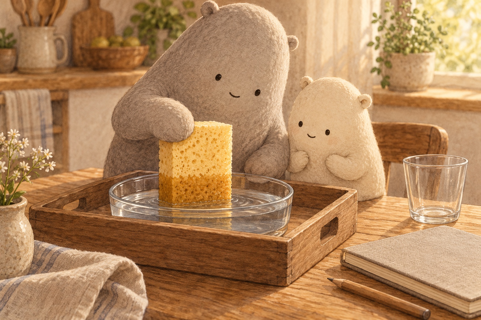 Big lowers a kitchen sponge into a shallow water dish on the tray while Little watches the darker wet edge.