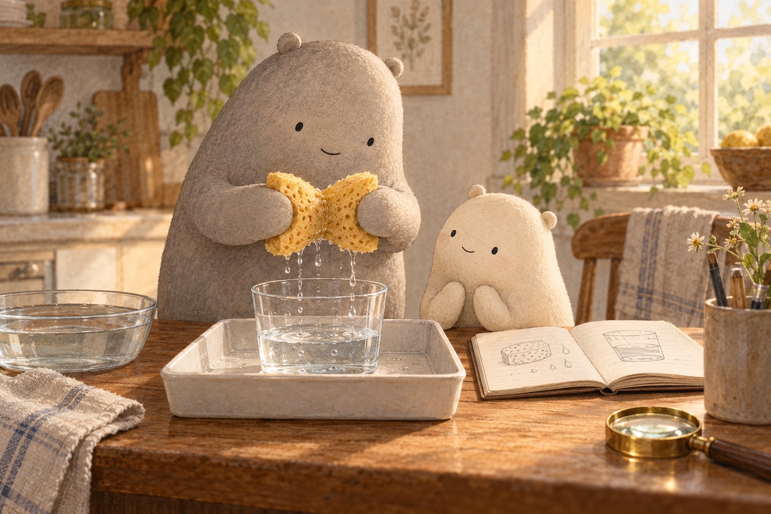 Big gently squeezes a sponge over a clear cup on the tray while Little watches water fall into the cup.