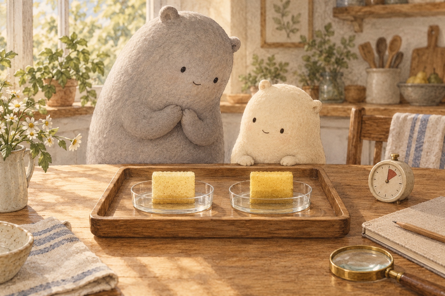 Big and Little compare two same-size sponge pieces with equal small spills in two dishes on a tray, with a notebook nearby.