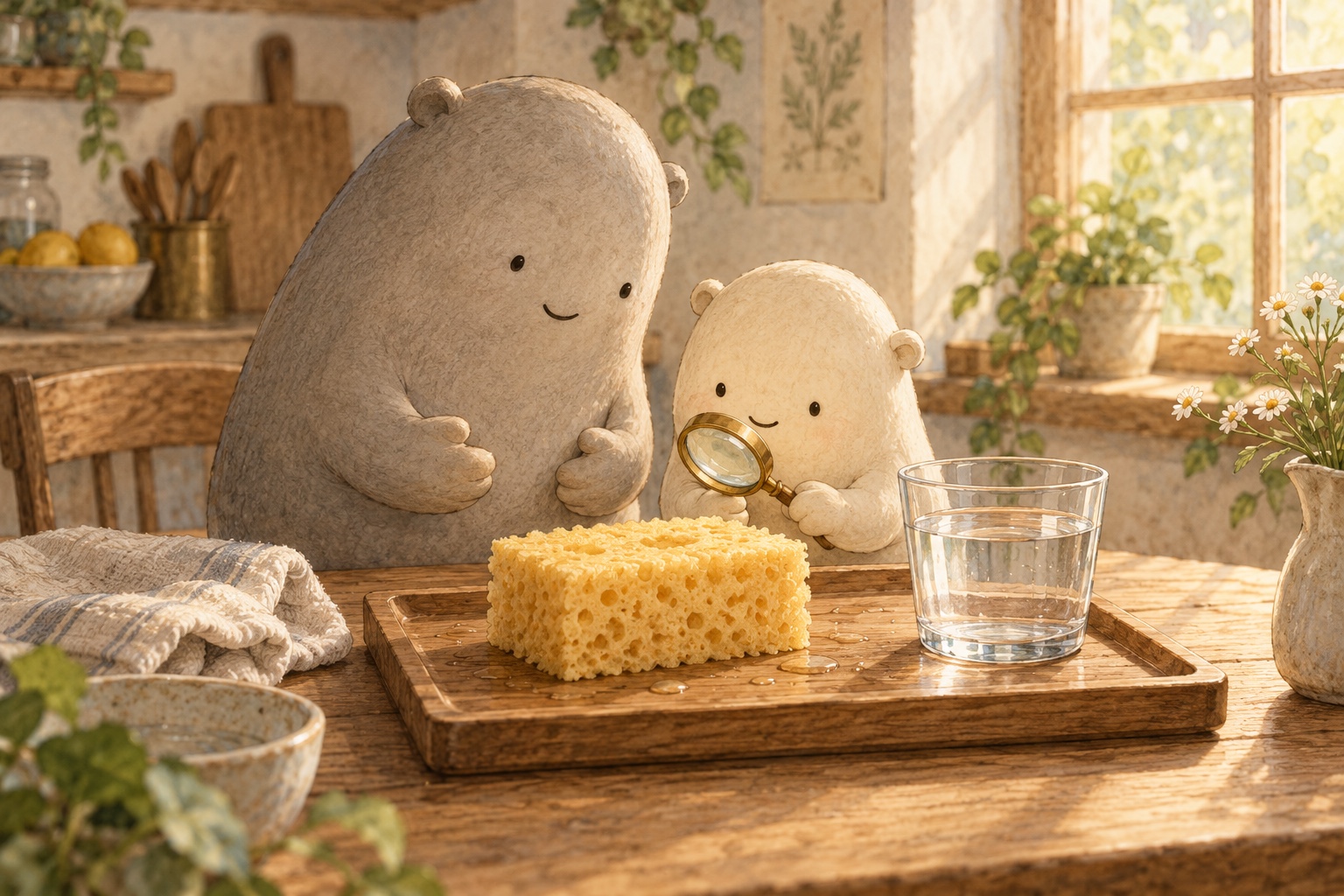 A released sponge rests open on the tray beside a clear cup of water, with Big and Little looking closely.