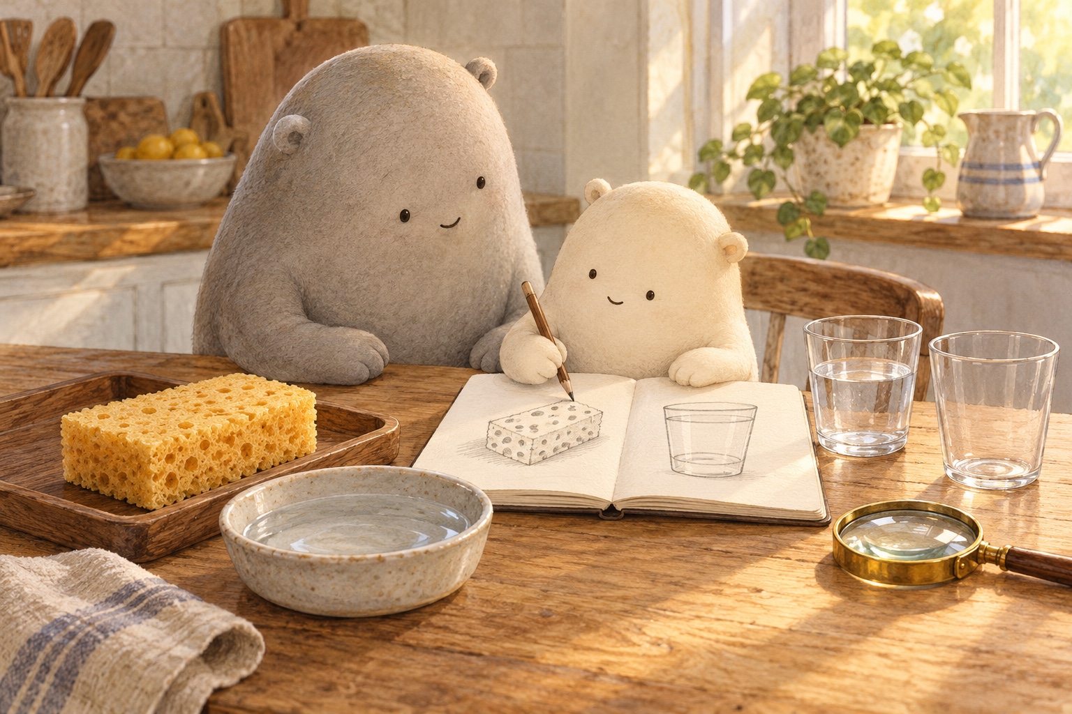 Little draws a sponge and a cup in the shared notebook beside Big, with the water tray and magnifier nearby.