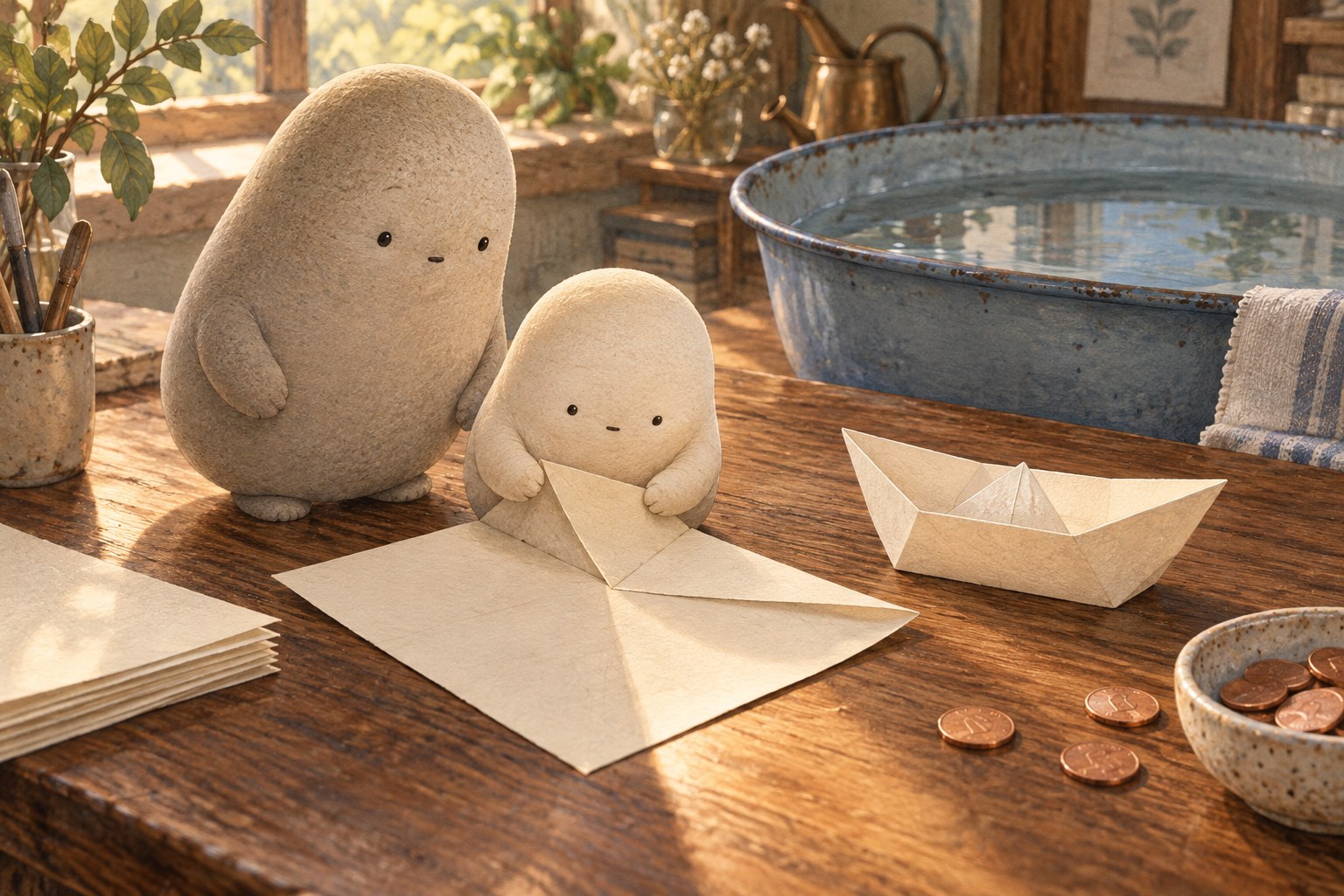Little Wonderer creases ivory paper beside a finished open paper boat, with Big Wonderer nearby.