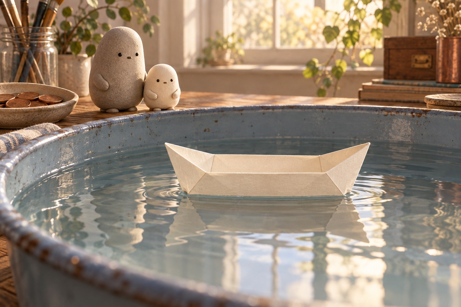 An empty ivory paper boat floats in the blue-gray tub; Big and Little Wonderer lean close.