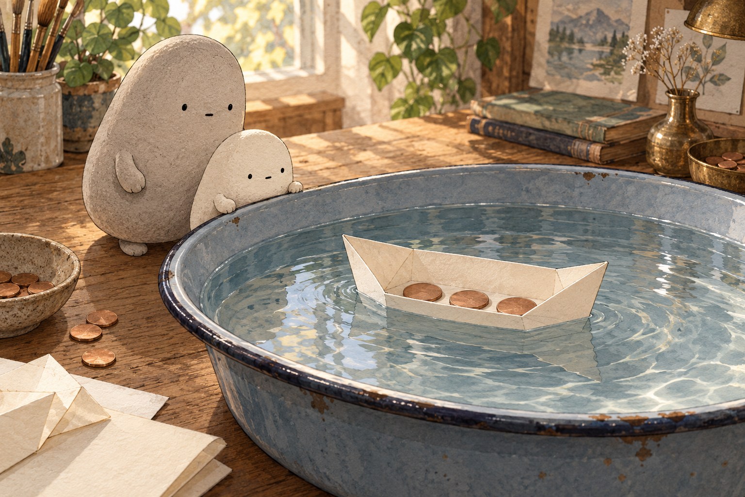 Copper pennies sit inside the same boat, which rests lower in the water but still has dry upper sides.