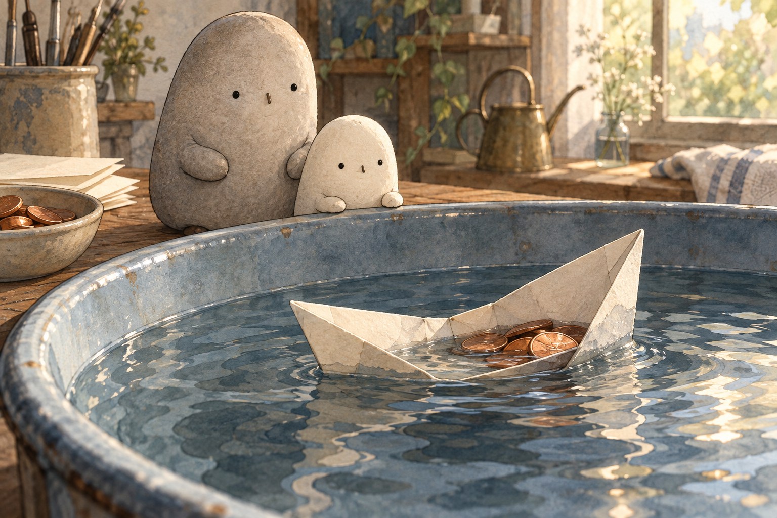 Water spills over a low side of the overloaded paper boat as Big and Little Wonderer watch.