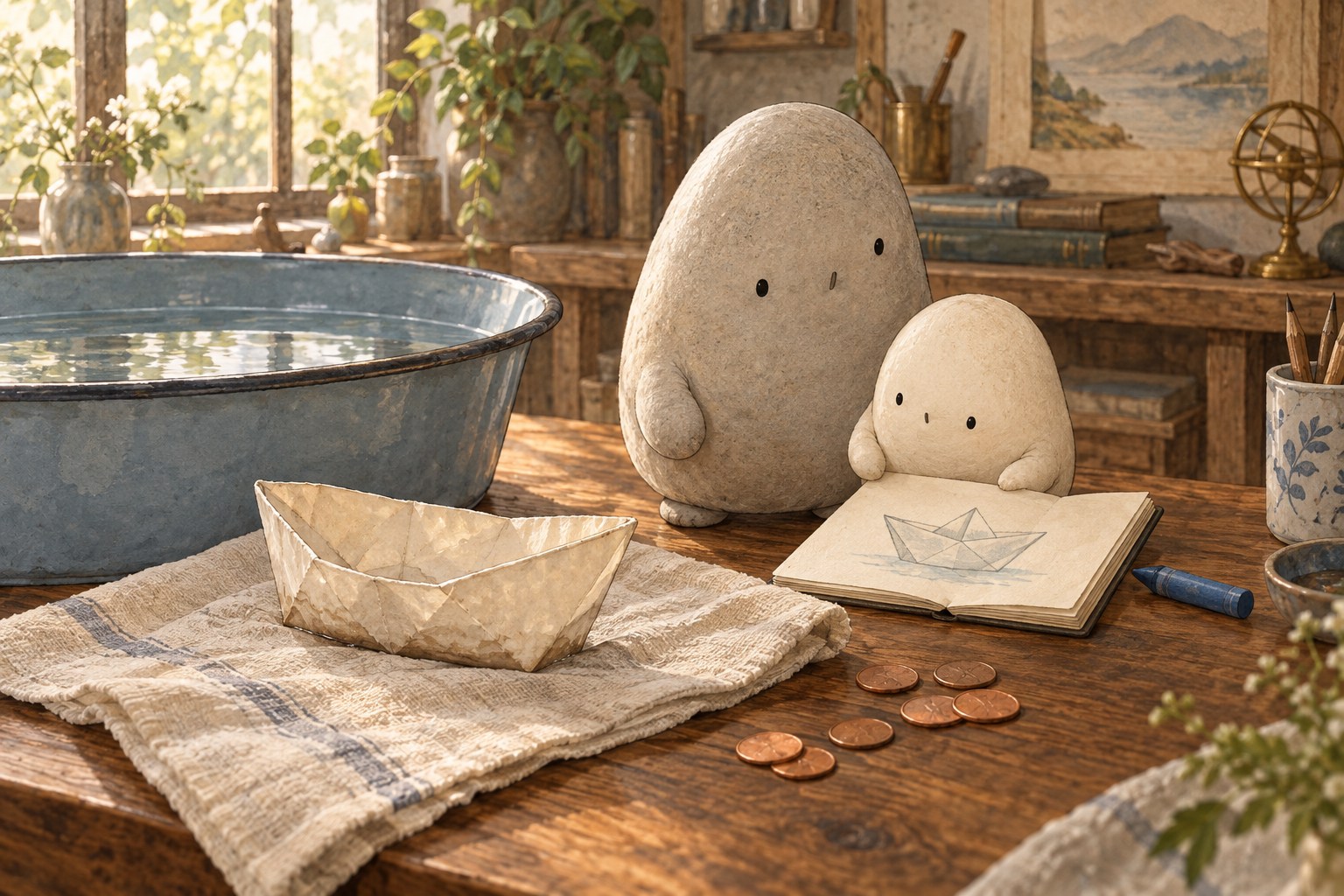The damp, sagging paper boat rests on a cloth beside the tub and Little Wonderer’s notebook.