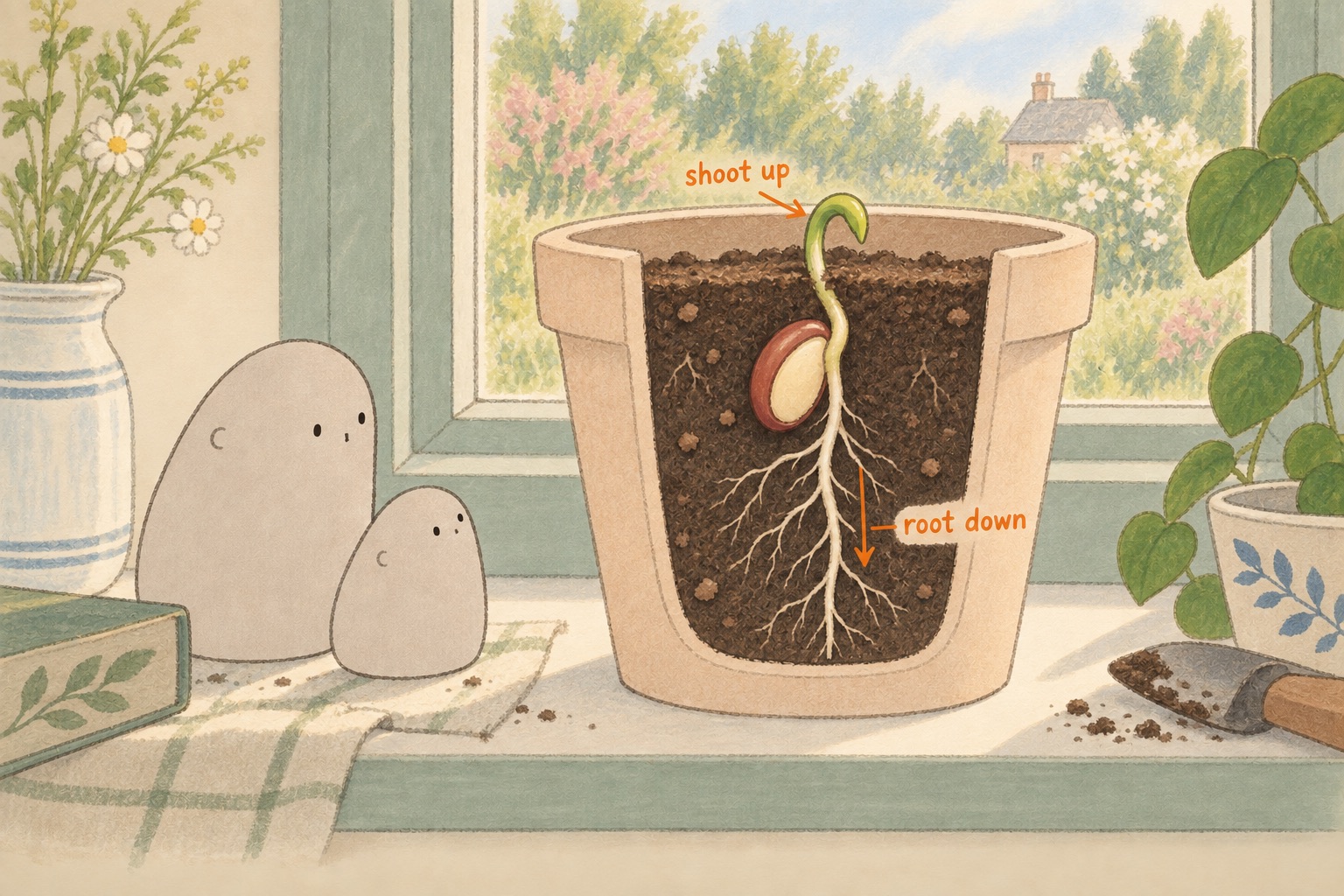 The same windowsill pot shows a young shoot above the soil and a long branching root below. Notes say shoot up and root down.