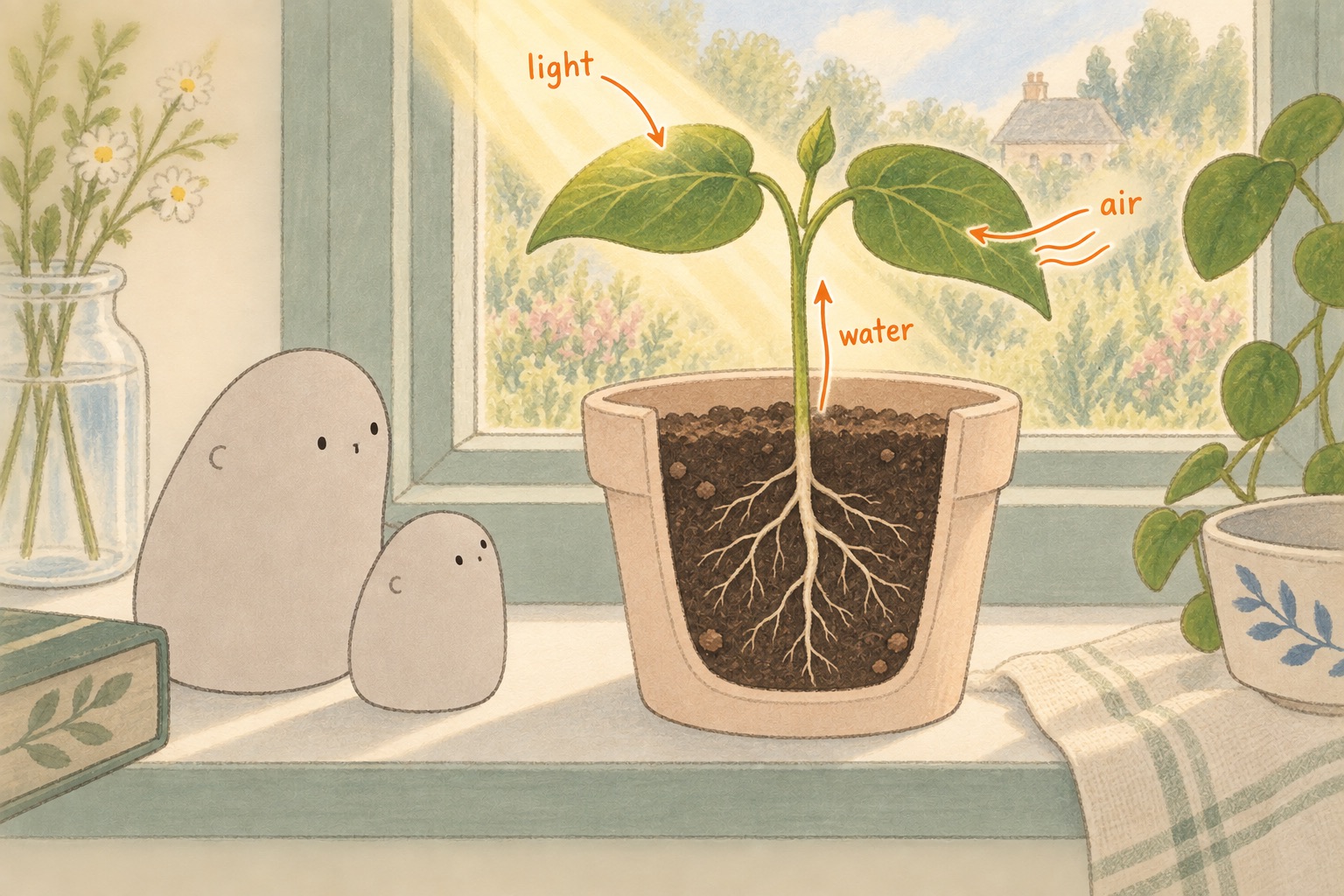 Two open green bean leaves meet arrows for light and air. A water arrow leads up the stem from roots below the soil.