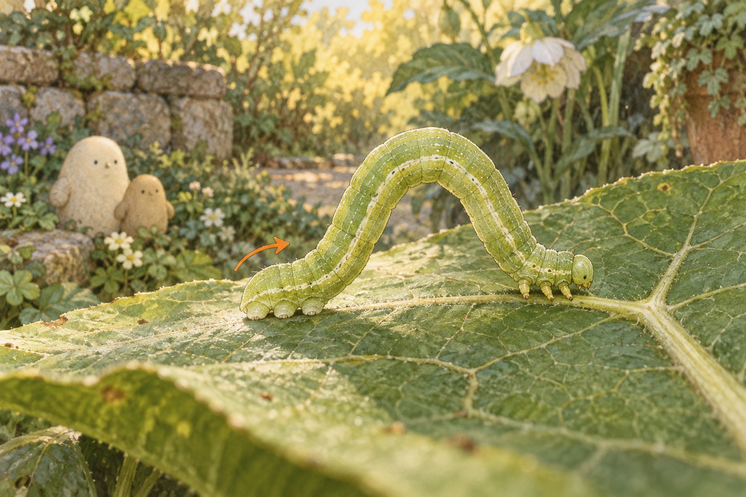 The inchworm's front legs hold near a leaf vein at right. Its legless middle forms an arch; an orange arrow near the rear points toward the front.
