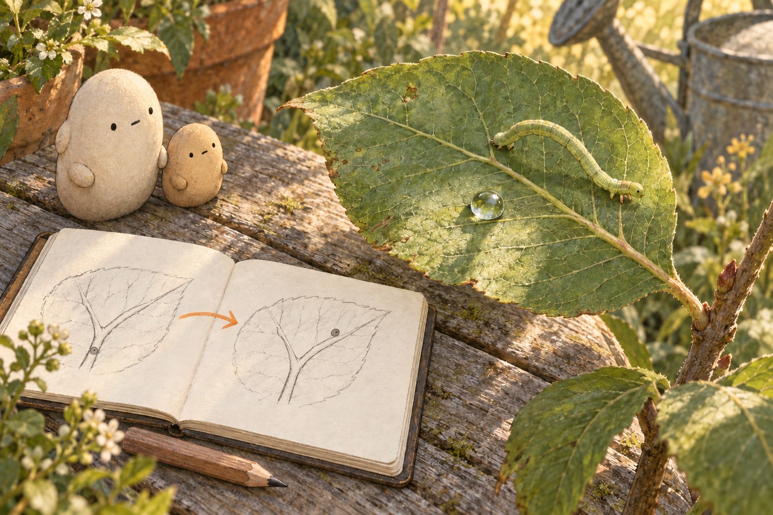 Big and Little study a living leaf beside a notebook. In two sketches of the same vein fork, the head-position dot is first before the fork and later beyond it.