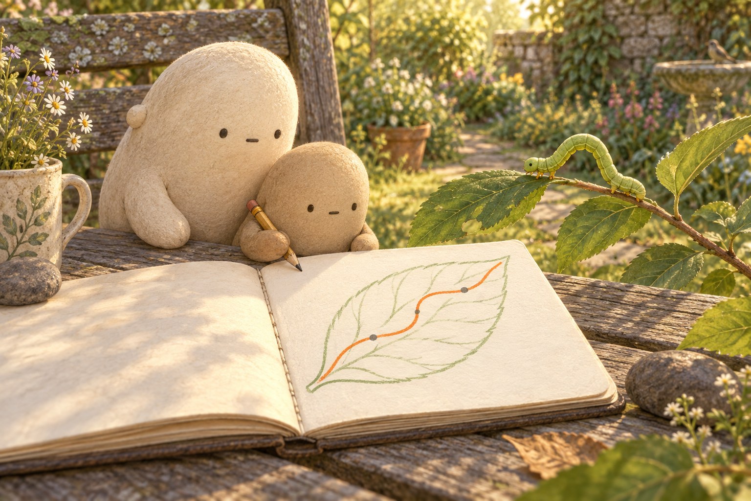Little holds a pencil above a notebook leaf drawing with a winding orange route and pencil dots. Big watches beside Little; an inchworm loops along a nearby leafy twig.