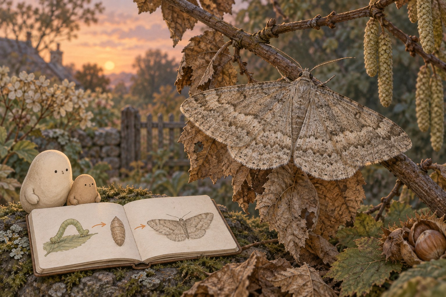 A gray-brown geometer moth rests on a twig at dusk. Beside Big and Little, a notebook shows caterpillar, pupa and moth sketches joined by orange arrows.
