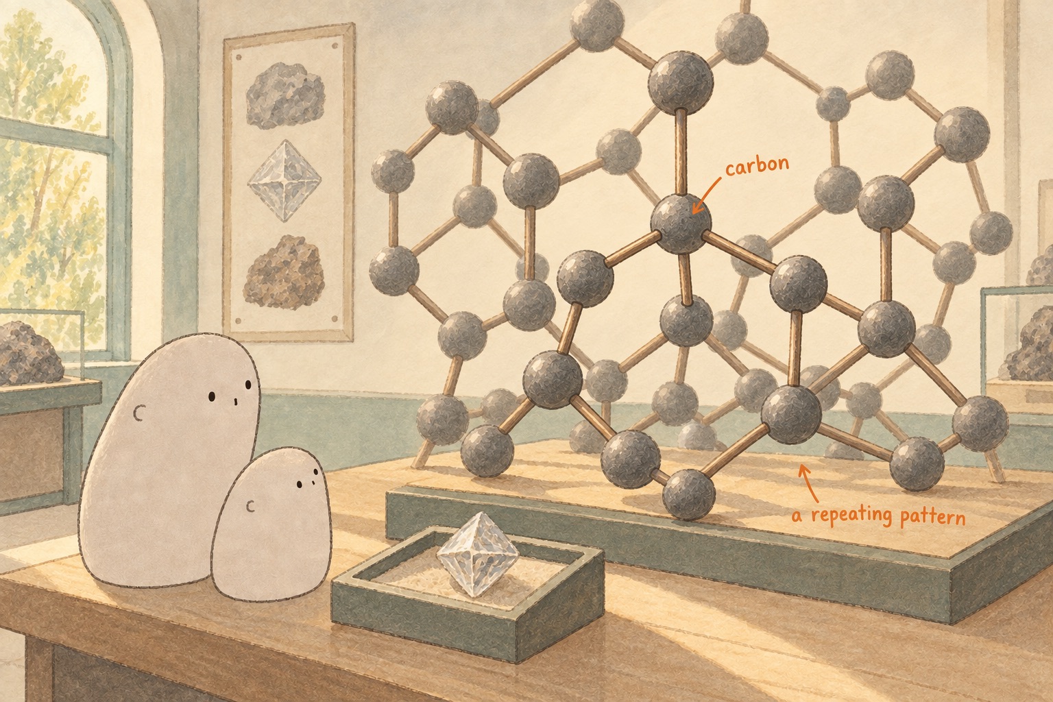 A large ball-and-rod model stands beside a small rough diamond. Big and Little look at connected grey balls labeled carbon and a repeating pattern.
