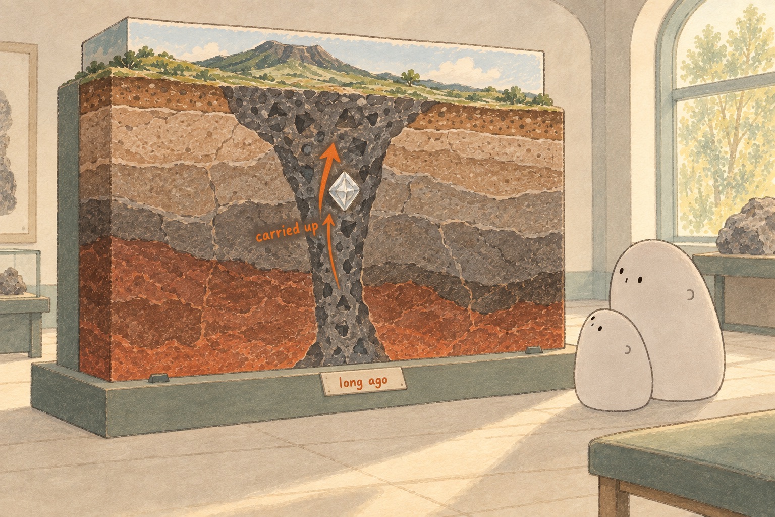 The pair follow orange upward arrows through a dark, tapering channel in a museum rock cutaway. An enlarged rough diamond sits inside the channel.