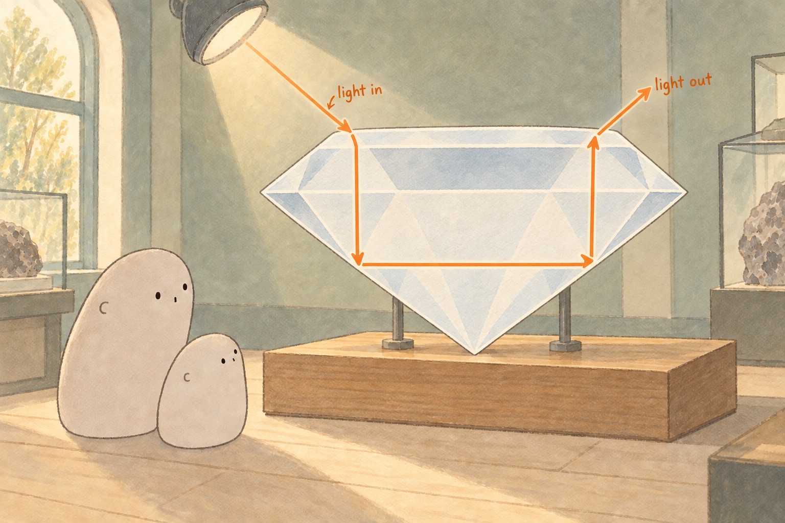 A lamp lights an enlarged cut-diamond model. An orange ray enters the top, turns at the two lower sloping faces, and leaves through the top as the pair watch.
