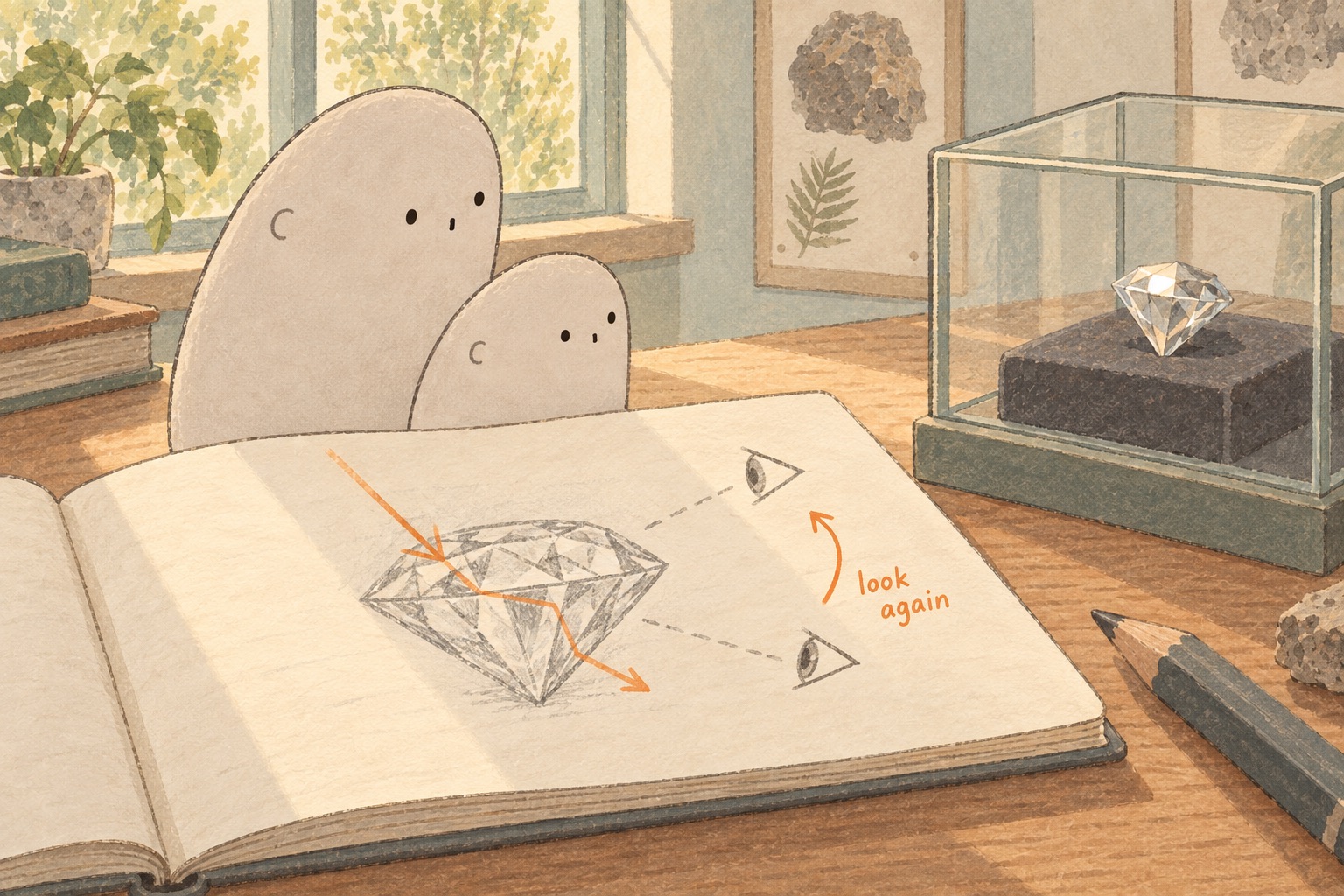 Big and Little share an open notebook by a window. A diamond sketch has an orange light path and two eye positions; a real specimen rests behind glass nearby.