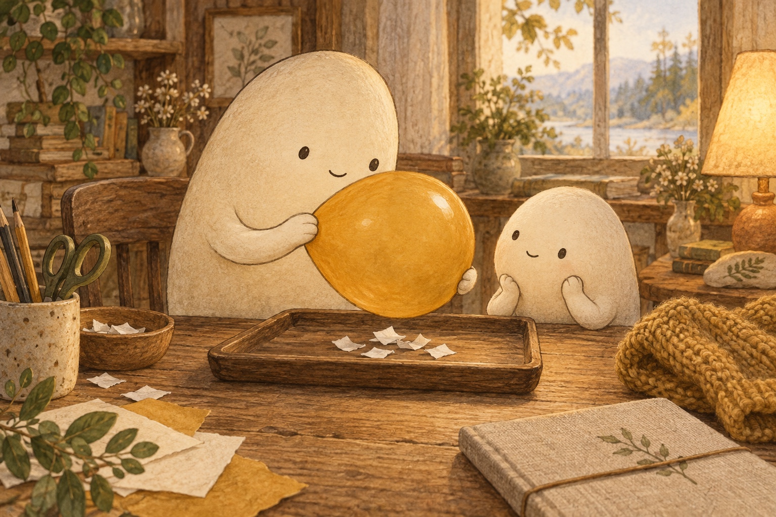 Big holds a warm ochre balloon near paper bits on a tray while Little watches beside a wool sweater.