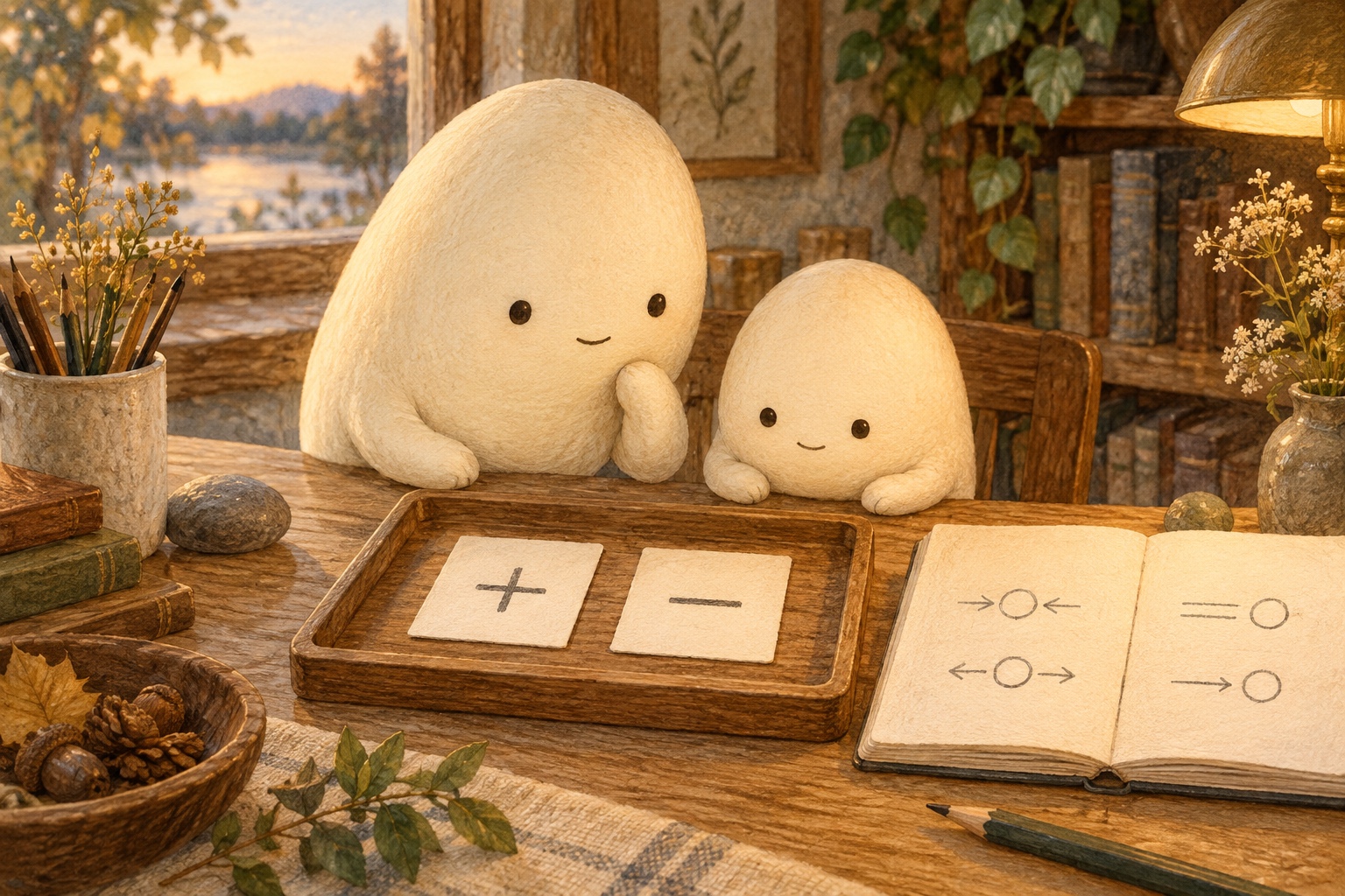 Big and Little compare two charge cards on a wooden tray, one marked plus and one marked minus.