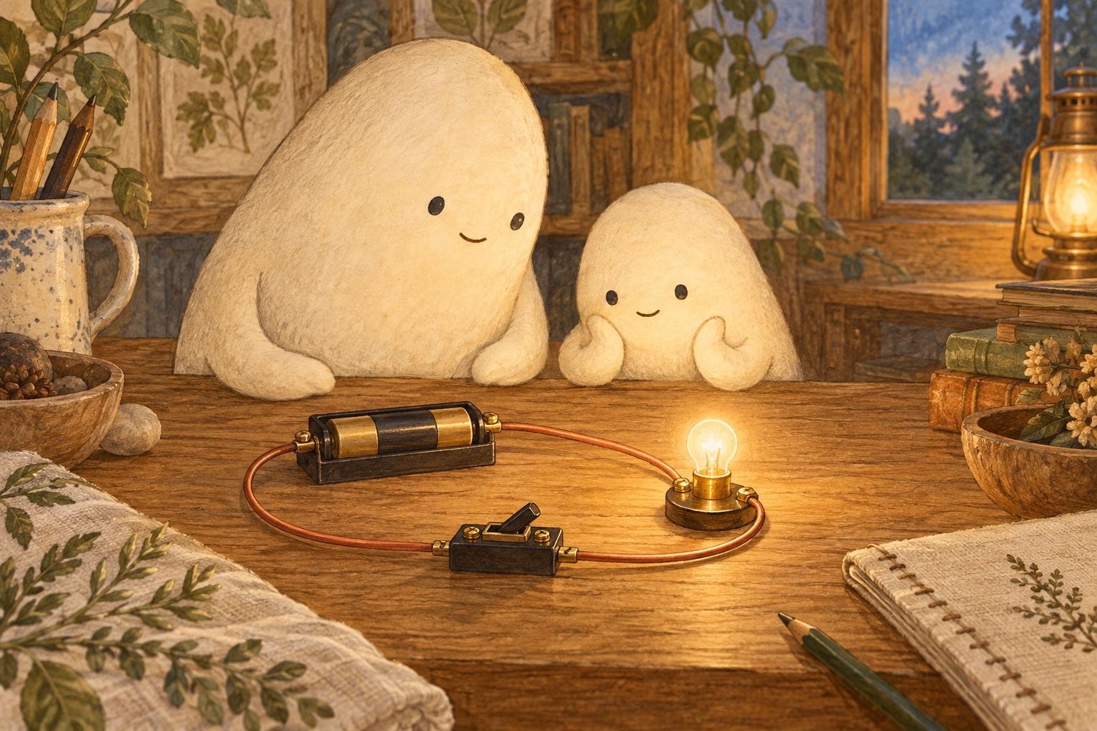 Big and Little watch a small lamp on a battery kit with a closed loop of copper-colored wire on the table.