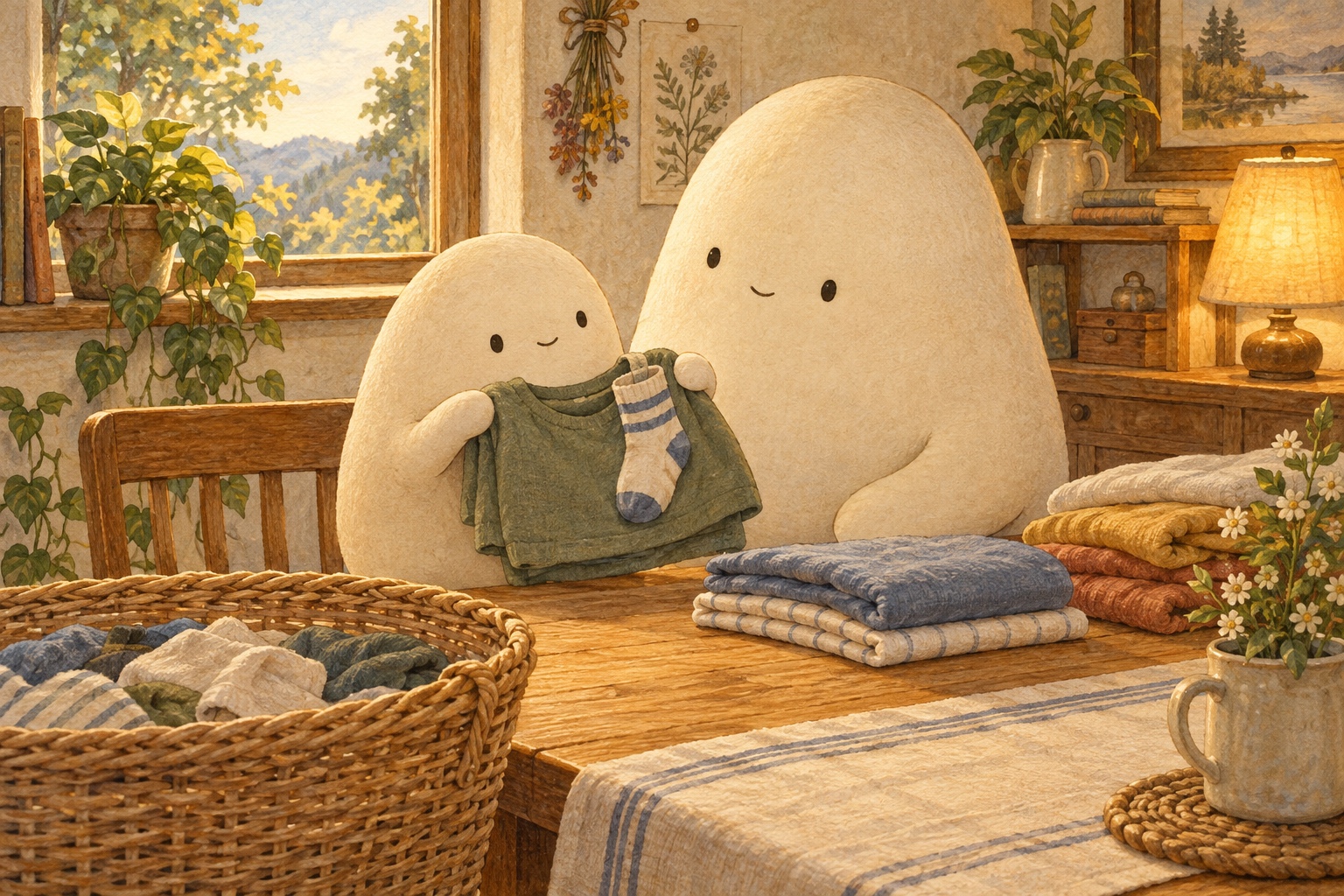 Little holds a soft shirt with a sock clinging to it beside Big and a linen laundry basket.