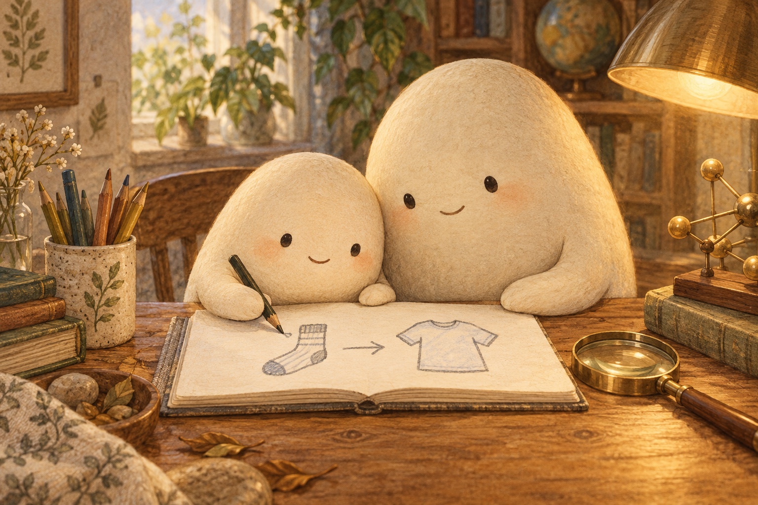 Little draws a sock and a shirt with an arrow between them in the shared notebook as Big looks on.