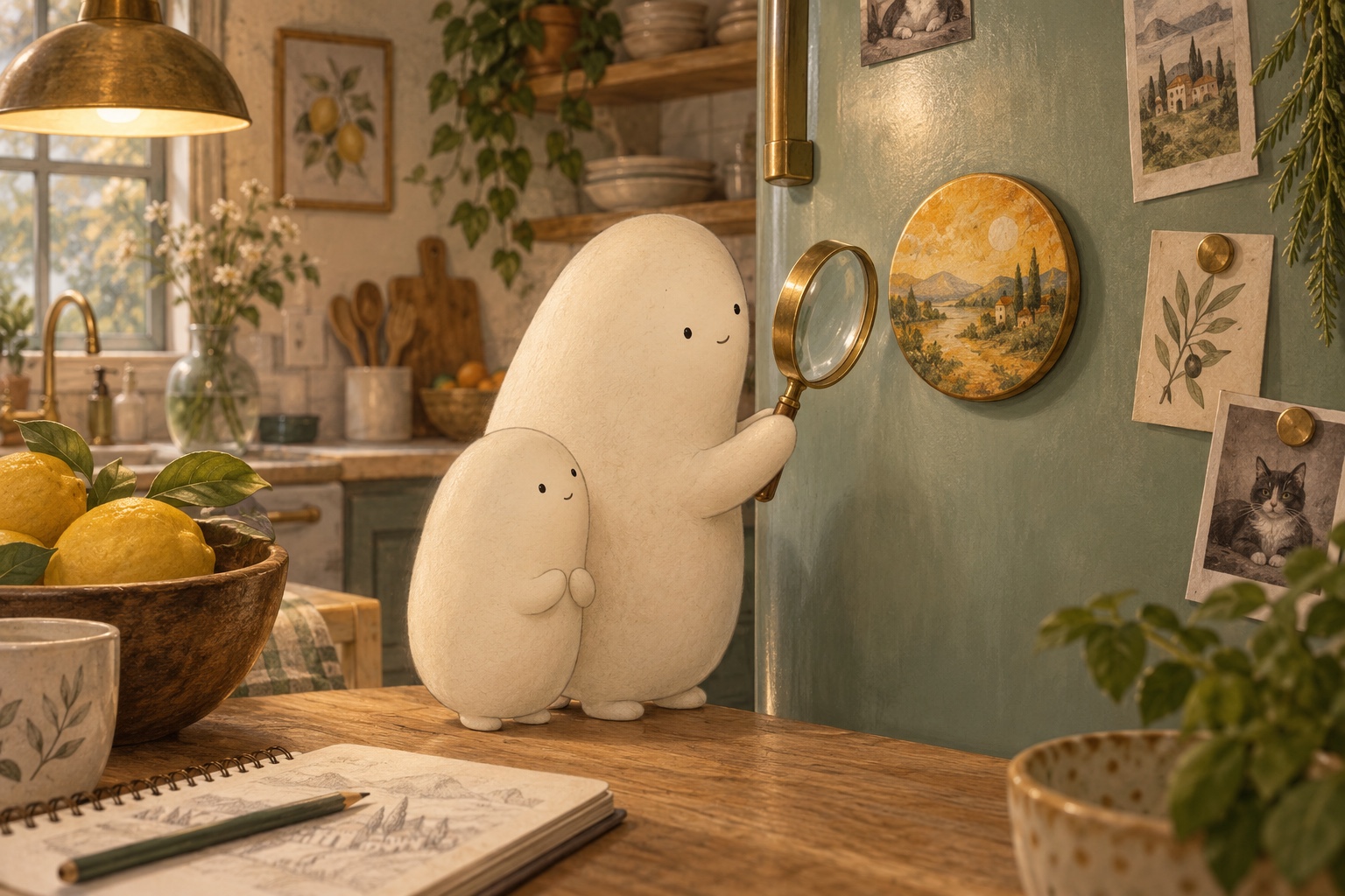 Big holds a magnifier beside an ochre magnet on the fridge while Little looks closely.