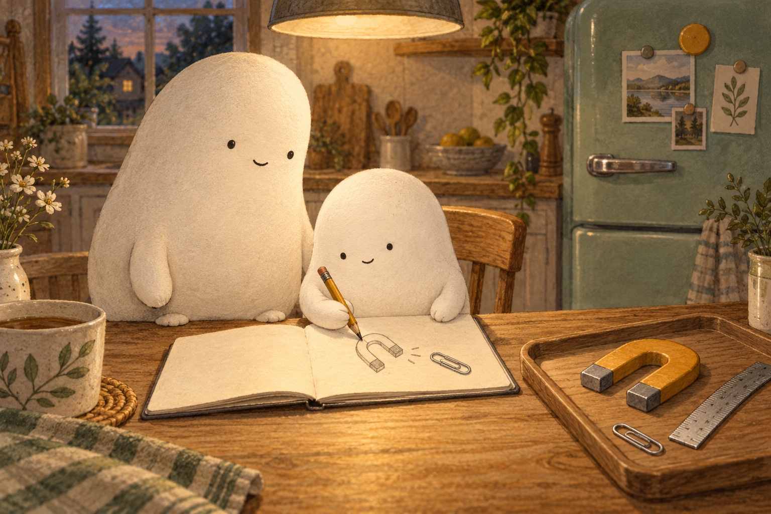 Little draws a magnet and paperclip in a notebook while Big looks on.