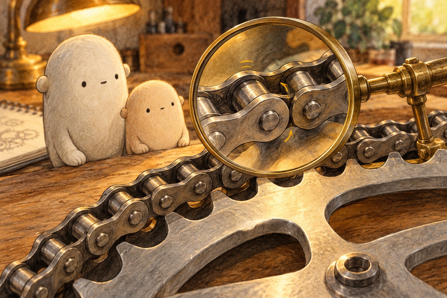 A magnifier shows chain links, round pins, and rollers fitting around sprocket teeth while Big and Little watch.