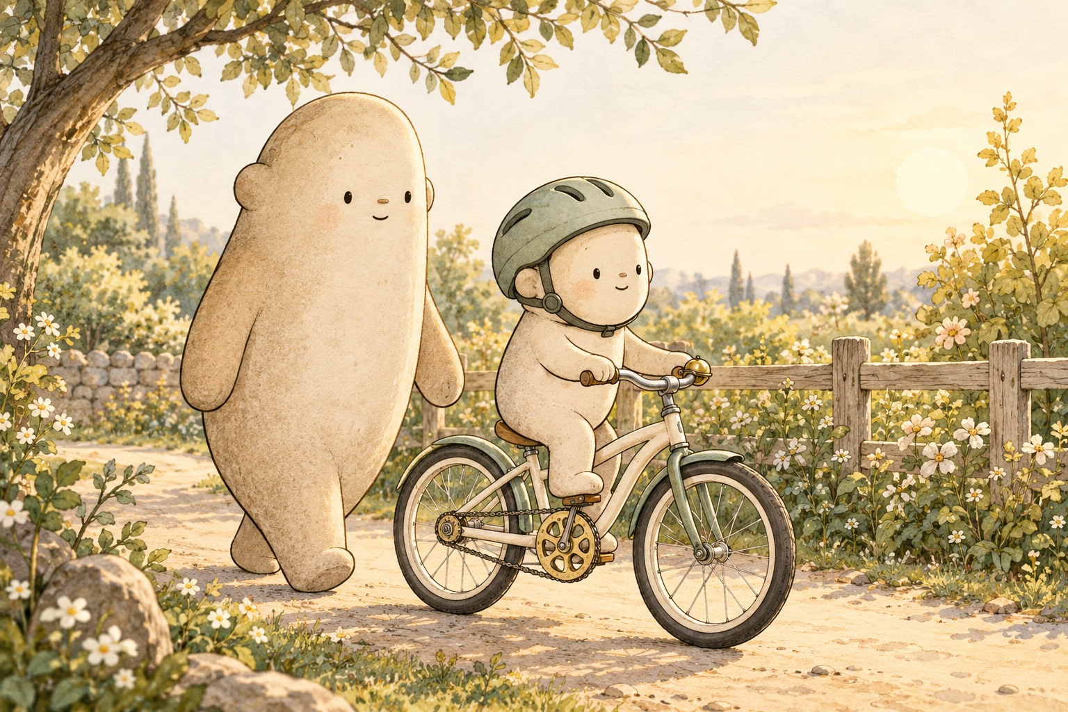Helmeted Little rides slowly on a quiet garden path with Big walking beside the bike.