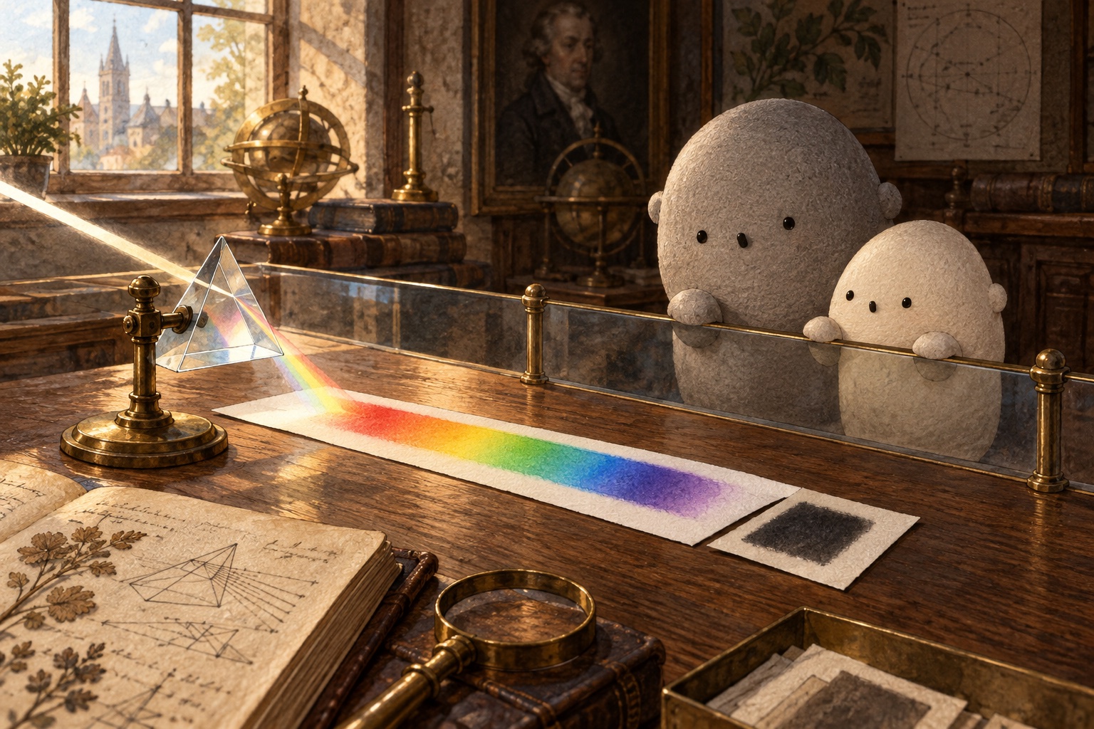 Big and Little inspect a museum prism display with a spread-out rainbow and a darkened sample beyond violet.