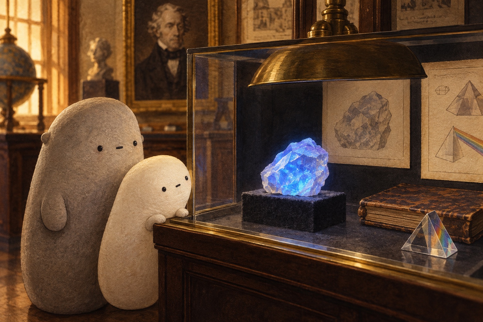 The pair study a blue-glowing crystal in a museum case with an old notebook and prism.