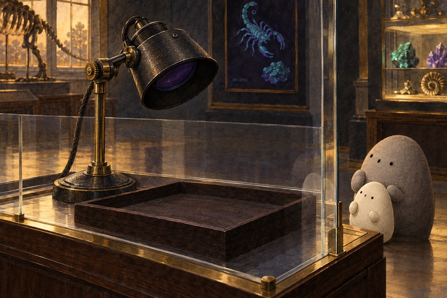 A shielded lamp on a brass stand points at an empty tray. Big and Little watch from outside the display.