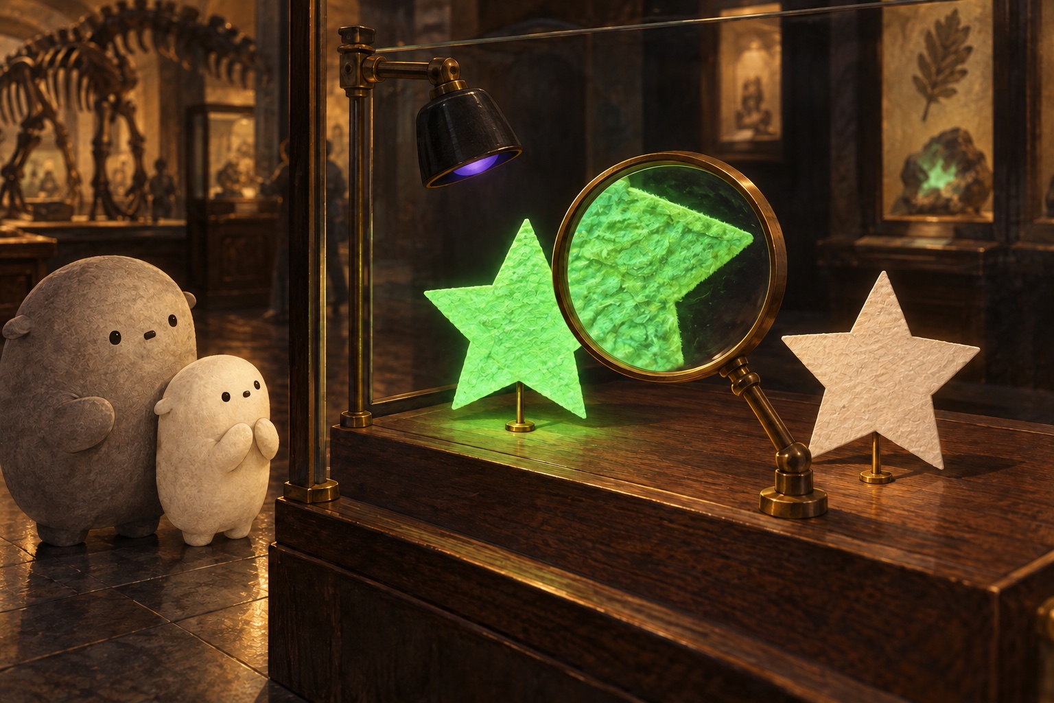 A museum lens enlarges a glowing green star's coating beside a plain cream star on a dark tray.