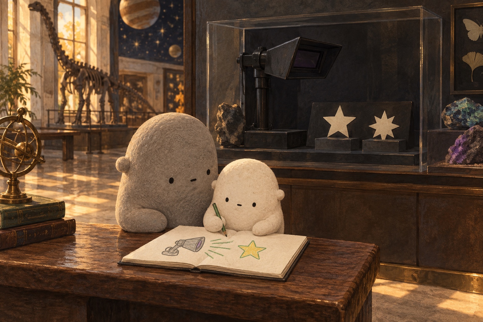 Little sketches a lamp and star beside Big. The lamp in the background is off and both stars are quiet.