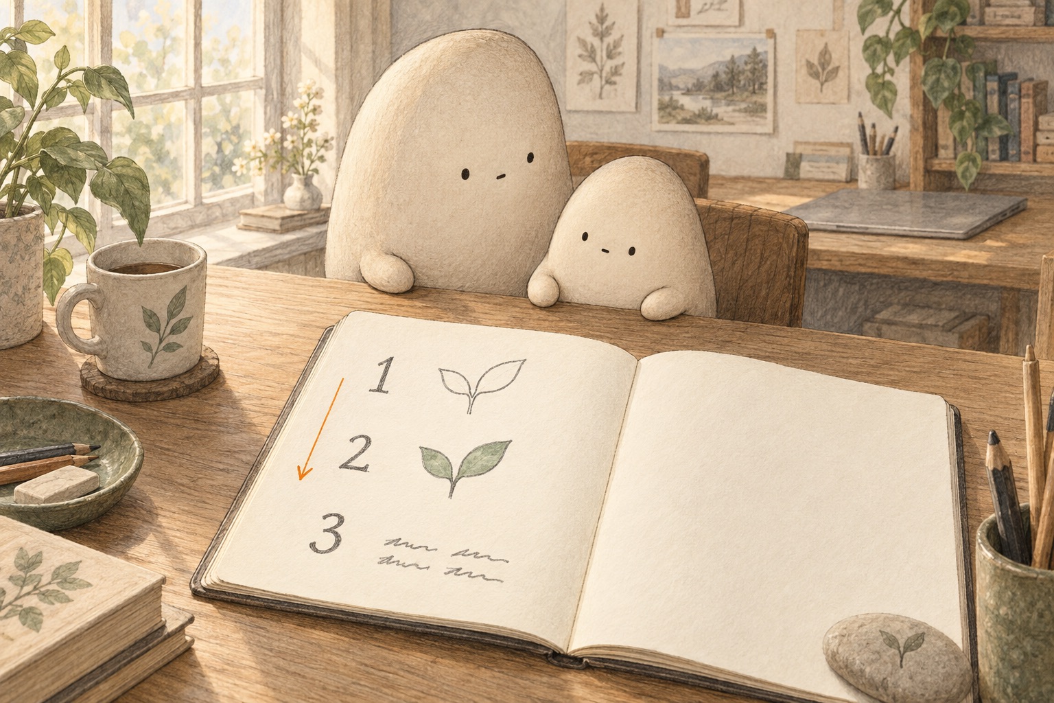 Big and Little study a notebook with jobs numbered 1, 2, and 3: a sprout outline, a sage color wash, and word-like marks.