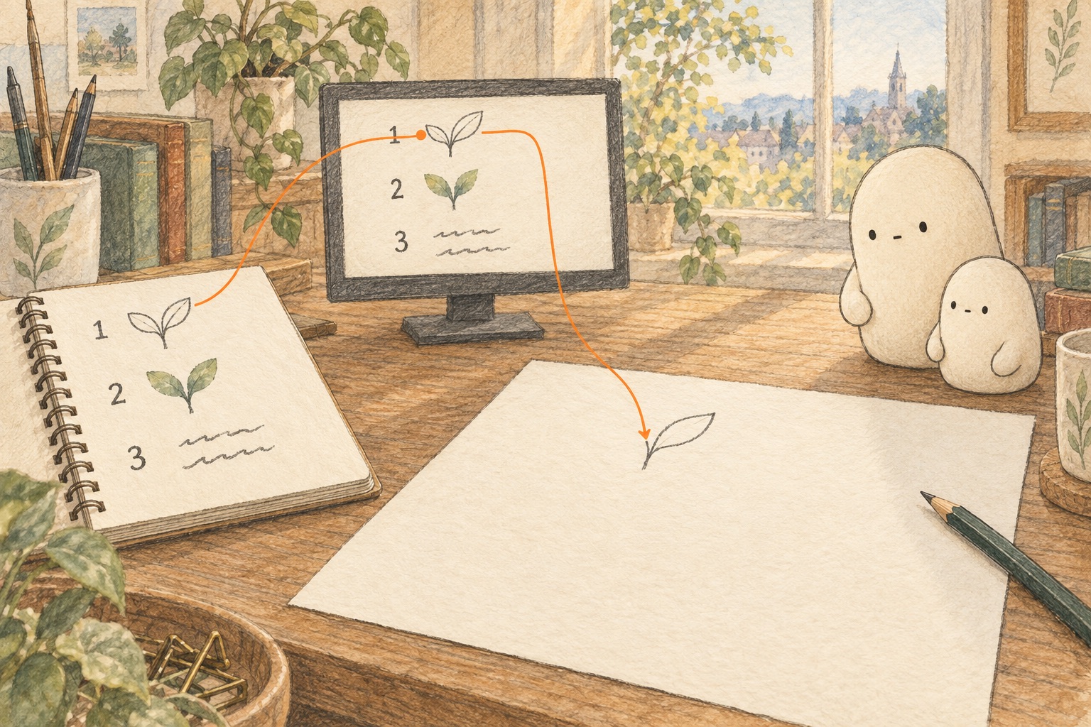 A thin orange path leads from notebook job 1 through the computer to the first stem and leaf outline on an otherwise blank page.