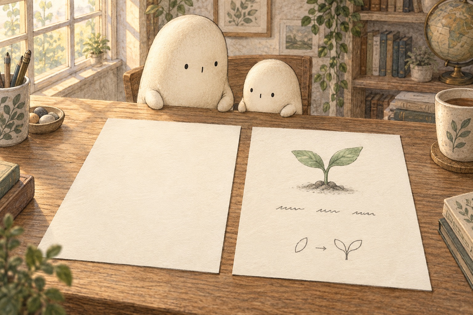 Big and Little compare a blank sheet on the left with a finished sheet on the right showing a sage sprout, word-like marks, and a small picture puzzle.
