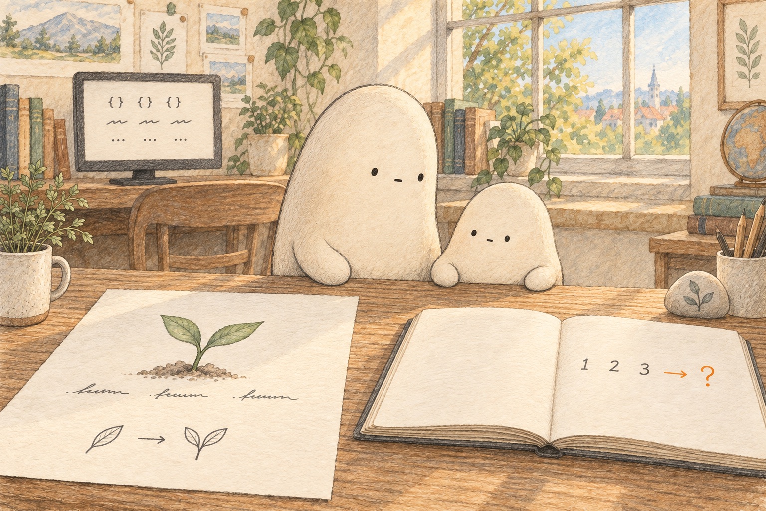 Big and Little sit with the finished sprout lesson beside a notebook where 1, 2, and 3 lead to a single orange question mark.