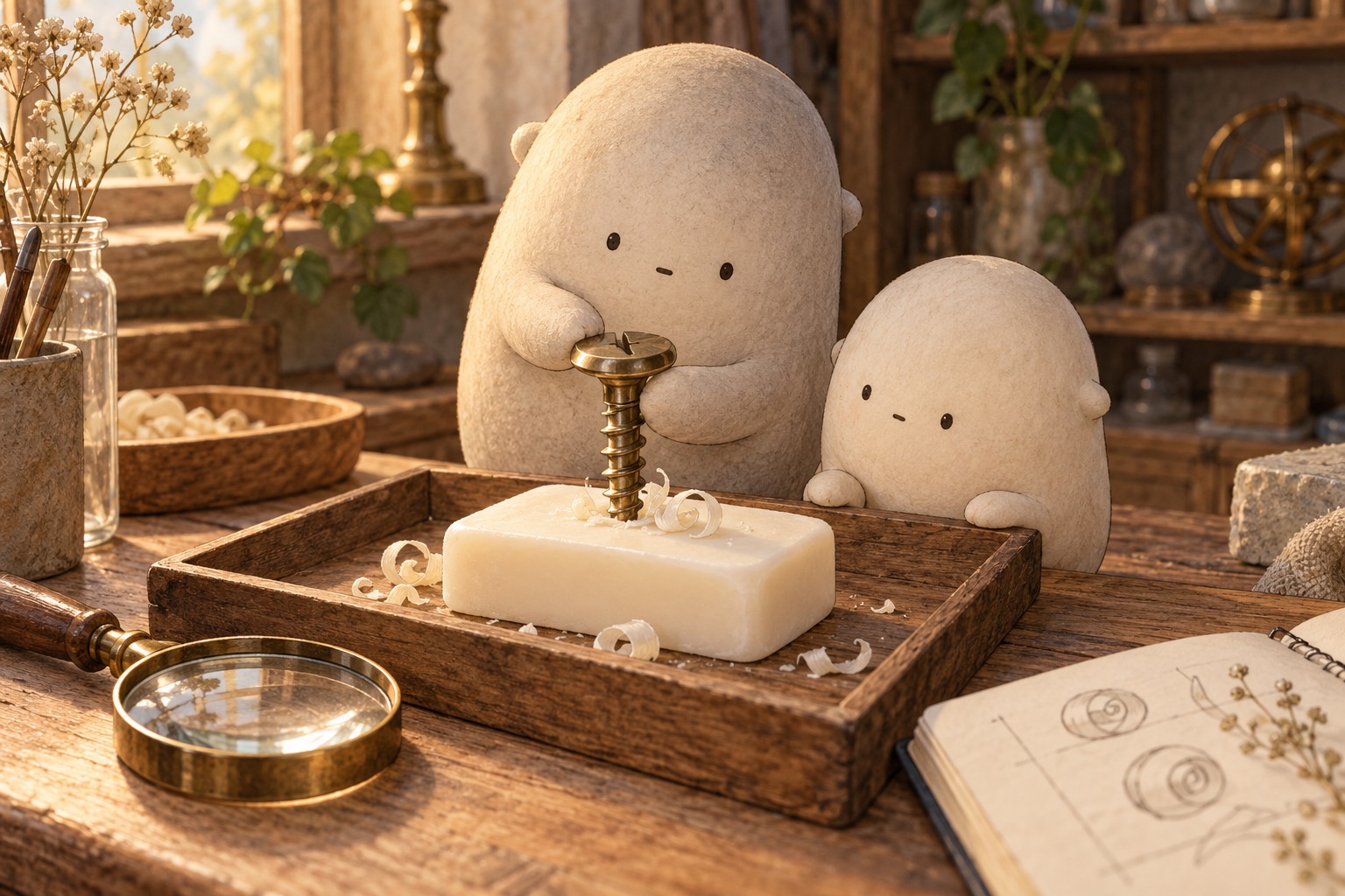 Big turns a screw by hand into a bar of soap on a tray while Little watches the pale curls beside its thread.
