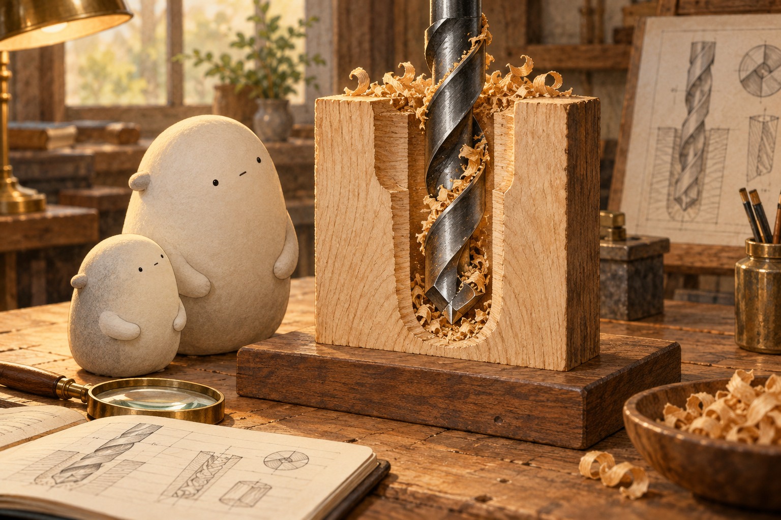 Big and Little observe a cutaway wooden block with chips along a drill bit’s flutes and beside the hole.