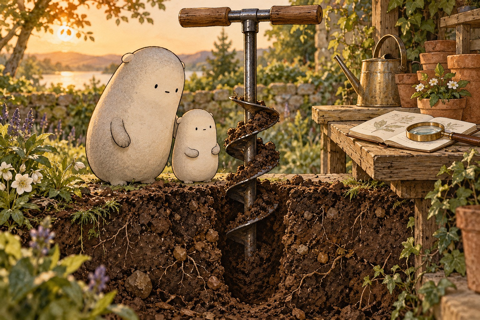 Big and Little study a hand auger in a garden soil cutaway, with loose soil resting on its broad spiral.