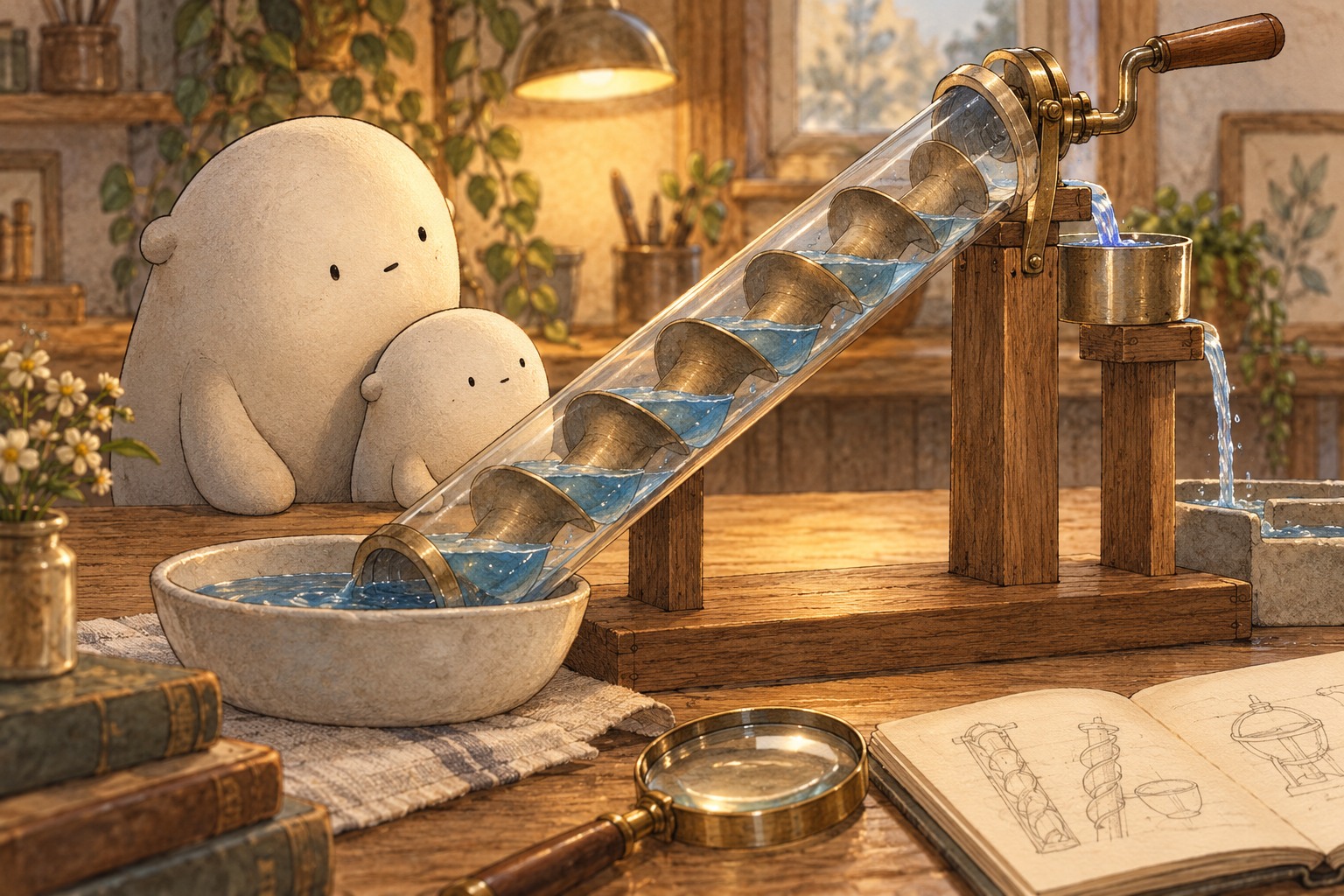 Big and Little watch pockets of water in a sloping Archimedes screw leading from a low bowl to a higher cup.