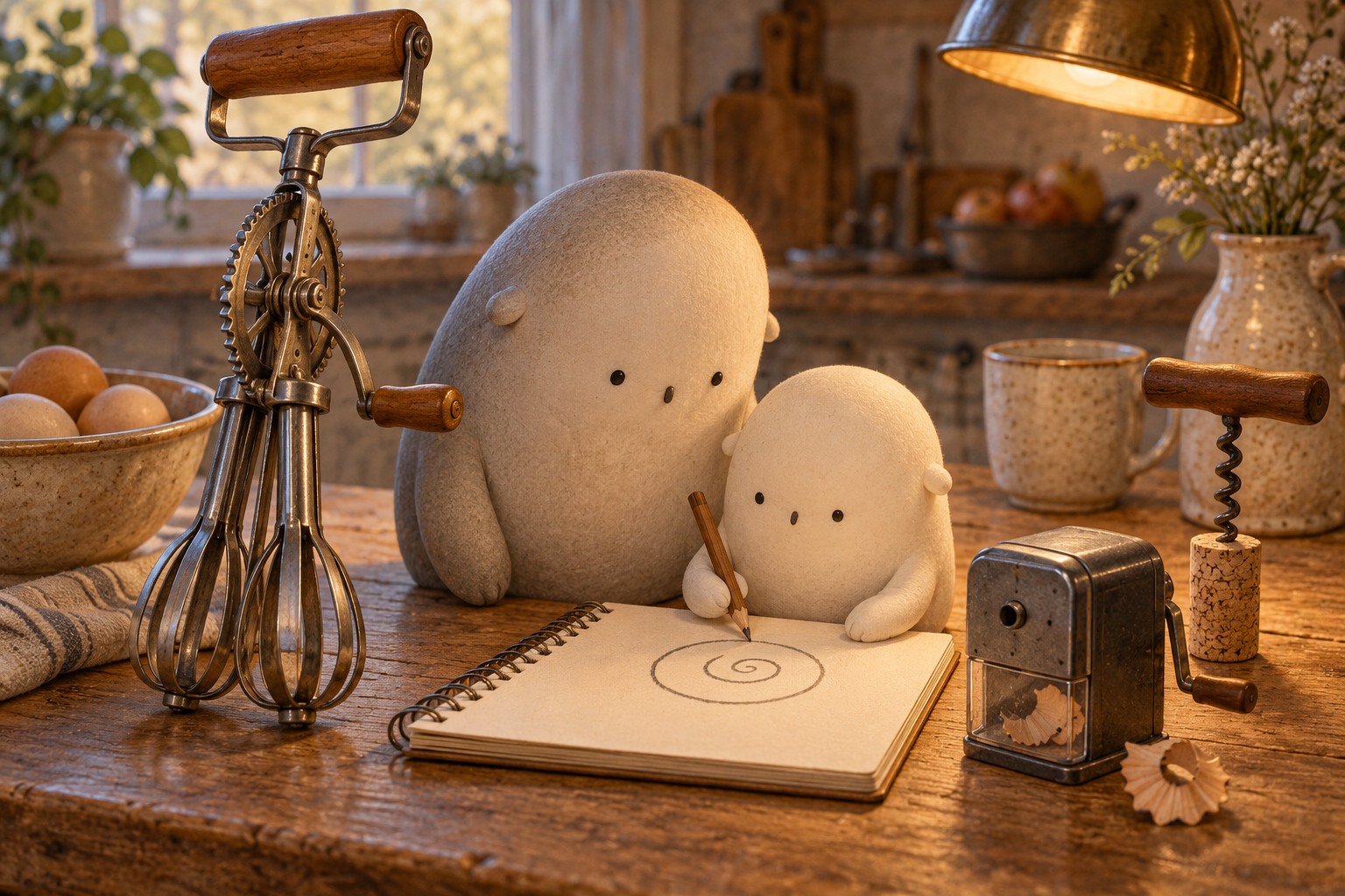 Little draws a spiral beside Big, a hand egg beater, a corkscrew in a cork, and an enclosed hand pencil sharpener.