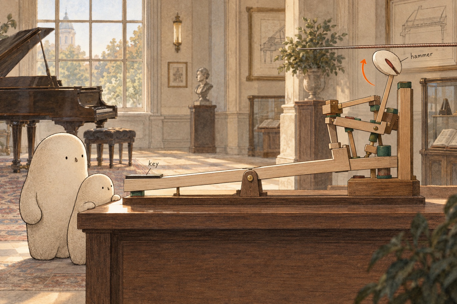 Big and Little study an enlarged wooden key-action model. A long key tilts on a pivot; connected parts lift a felt hammer toward a horizontal string above it.
