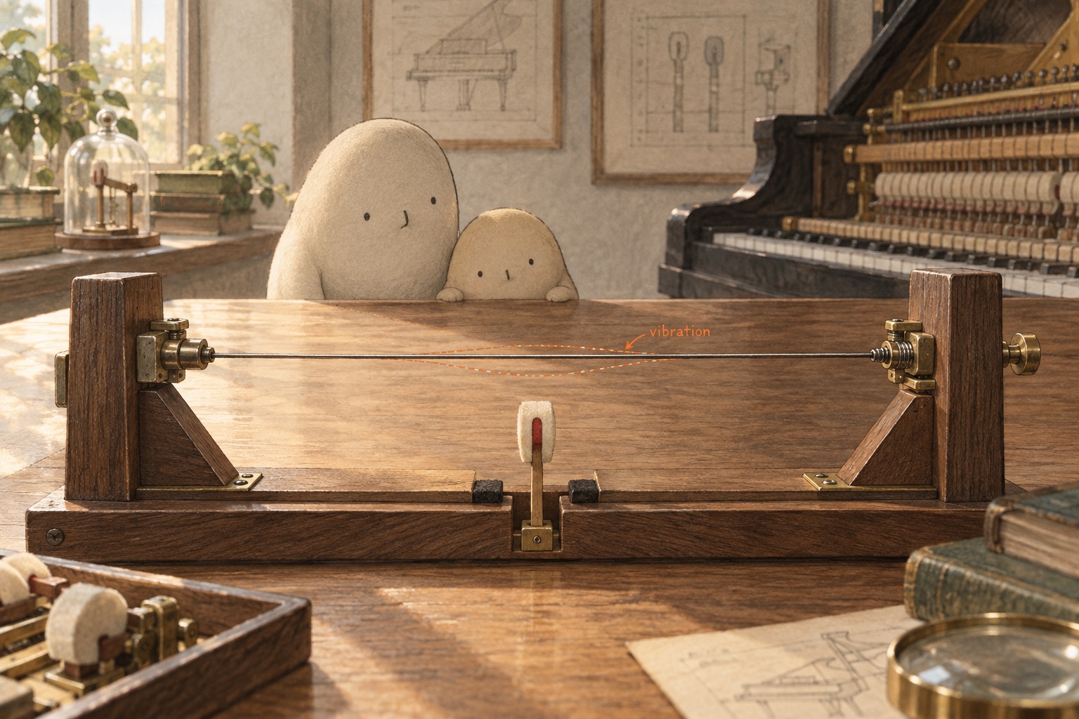 A taut string spans two fixed supports on a museum table. A felt hammer sits below it with a clear gap. Faint orange traces show back-and-forth motion as Big and Little watch.