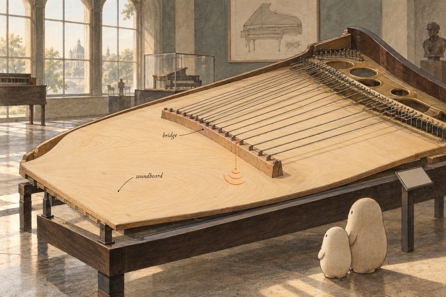The pair look at a broad pale wooden soundboard in a cutaway display. Strings meet a raised wooden bridge; an orange mark continues from the bridge into the board.