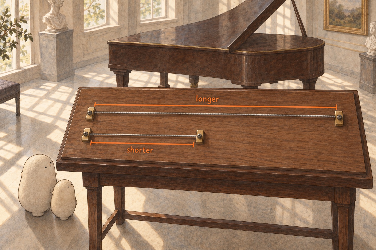 Big and Little examine two separate taut strings on a wooden display. Orange brackets labeled longer and shorter follow the distance between each string's supports.