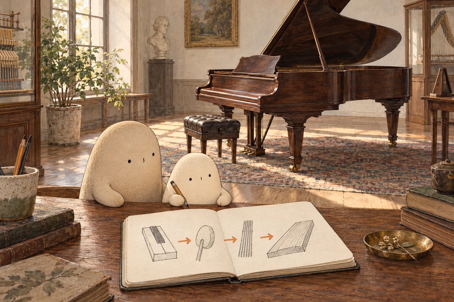Big and Little share a notebook near the quiet piano. Little holds a pencil above sketches of a key, a hammer, strings, and a wooden board joined by orange arrows.