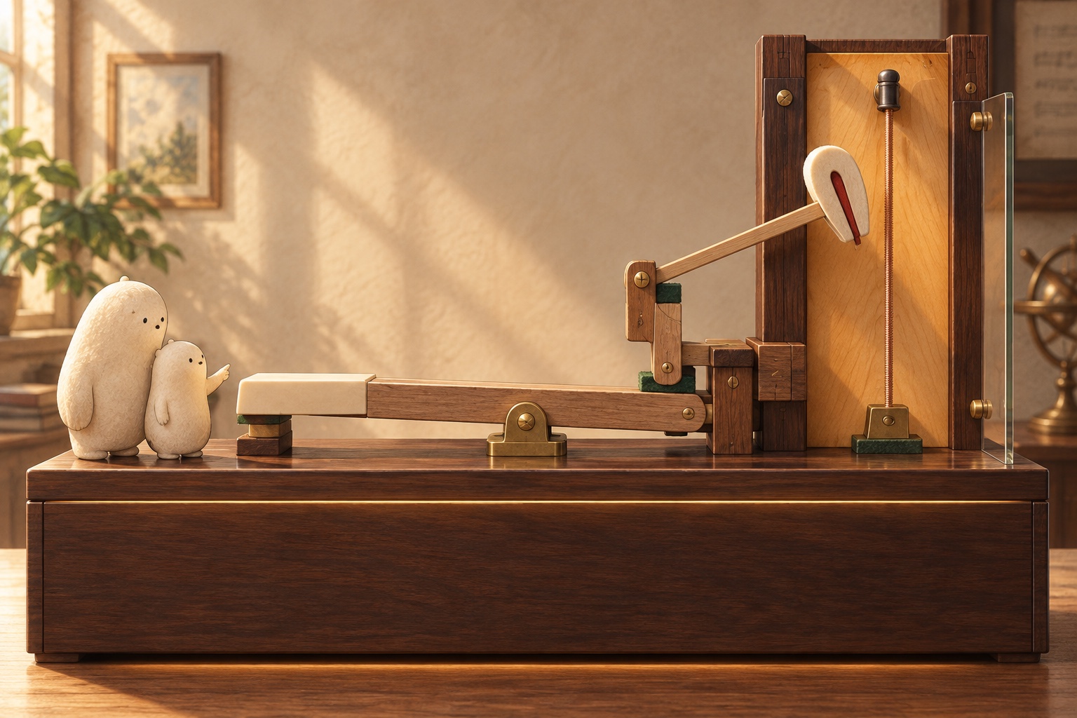 Big and Little Wonderer study a wooden piano model together. One ivory key connects to a felt hammer beside a copper string.